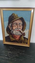 Vintage geborduurd schilderij zeeman met pijp, Minder dan 50 cm, Gebruikt, Overige typen, Ophalen of Verzenden
