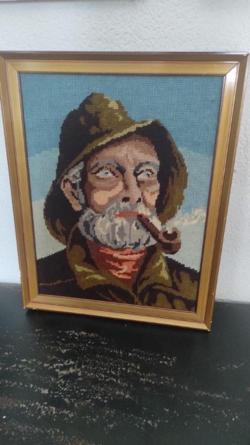 Vintage geborduurd schilderij zeeman met pijp, Huis en Inrichting, Woonaccessoires | Schilderijen, Tekeningen en Foto's, Gebruikt