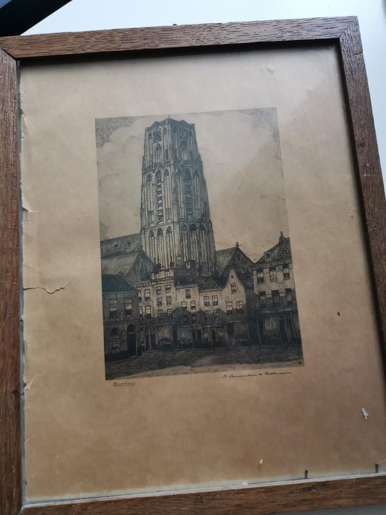 St. Laurens toren Rotterdam, Antiek en Kunst, Kunst | Etsen en Gravures, Ophalen of Verzenden