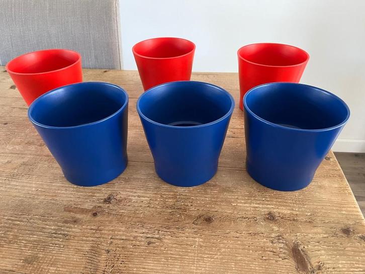 Set van 3x Diepblauwe Bloempotten / Sierpotten, Tuin en Terras, Bloempotten, Zo goed als nieuw, Aardewerk, Binnen, Balkon, Minder dan 40 cm