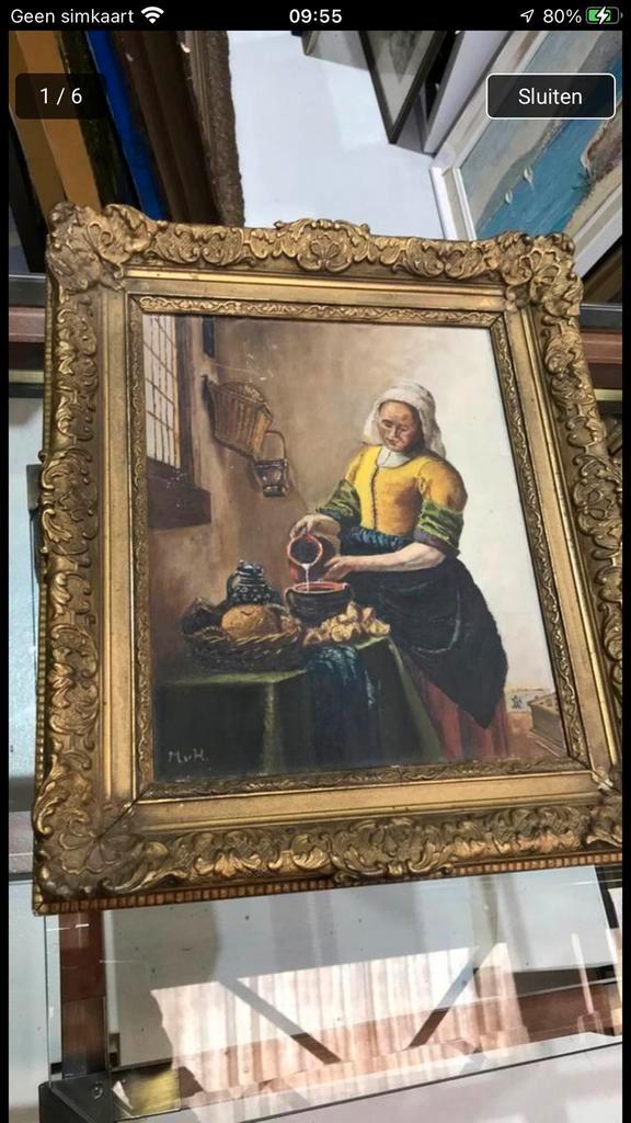Antiek schilderij van het melkmeisje van Vermeer., Antiek en Kunst, Kunst | Schilderijen | Klassiek, Ophalen of Verzenden