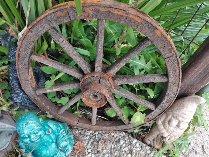 Antiek Karrewiel / Wagenwiel - Hout, Tuin en Terras, Tuinwanddecoratie, Gebruikt, Ophalen of Verzenden