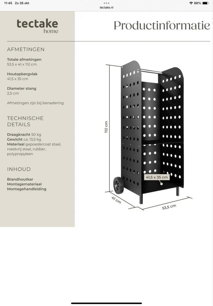 Openhaardhout meubel Stalen houtwagen op wielen merk Tectake, Huis en Inrichting, Kasten | Overige, Zo goed als nieuw, Ophalen