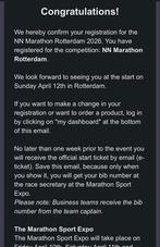 Marathon Rotterdam 2026 startbewijs, Eén persoon, Ticket of Toegangskaart