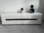 Modern TV meubel wit hoogglans met hout accent, Huis en Inrichting, Kasten | Televisiemeubels, Ophalen, Kunststof, Gebruikt, 150 tot 200 cm