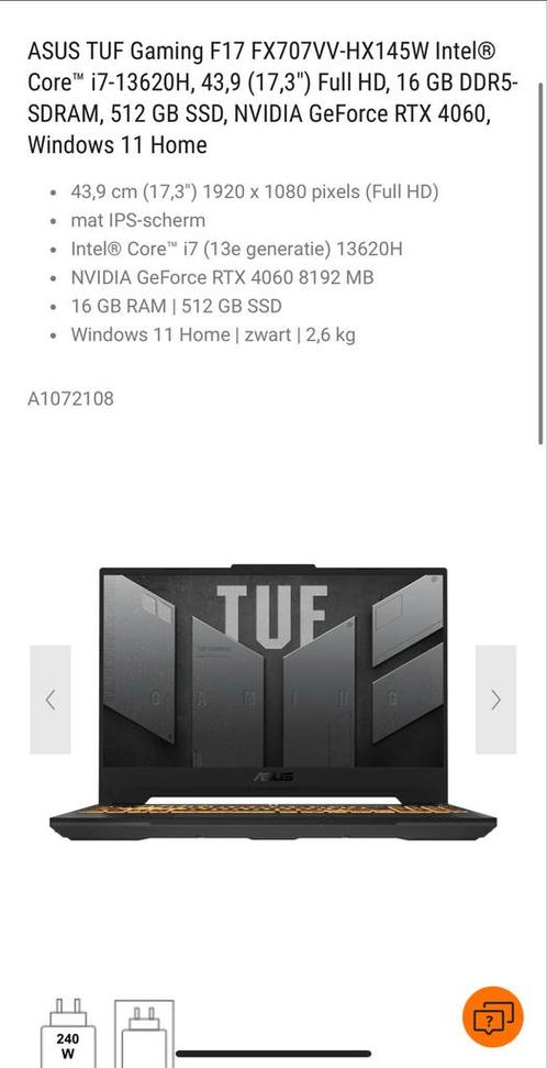 Defecte ASUS TUF Gaming F17, i7, RTX 4060, Computers en Software, Windows Laptops, Niet werkend, 17 inch of meer, SSD, Onbekend