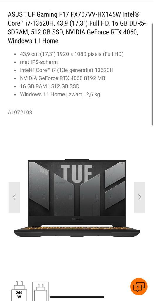 Defecte ASUS TUF Gaming F17, i7, RTX 4060, Computers en Software, Windows Laptops, Niet werkend, 17 inch of meer, SSD, Onbekend