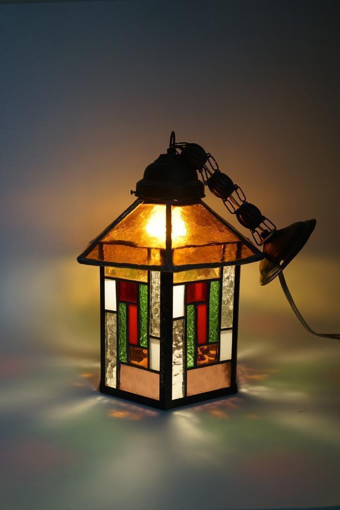 Vintage antiek lantaarn hallamp van glas in lood kleur, Antiek en Kunst, Antiek | Lampen, Ophalen of Verzenden