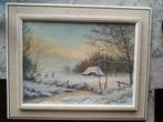 Olieverf schilderij, winterlandschap met reeën, Antiek en Kunst, Kunst | Schilderijen | Klassiek, Ophalen of Verzenden