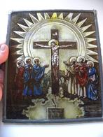 Antiek glas in lood paneel Kruisiging Christus, Antiek en Kunst, Antiek | Religie, Ophalen of Verzenden