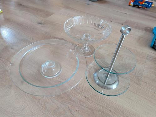 Taartplateau, etagère en fruitschaal glas, Huis en Inrichting, Woonaccessoires | Etagères, Zo goed als nieuw, Ophalen