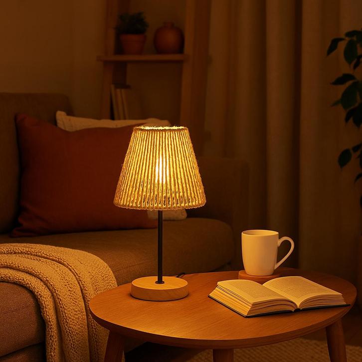 Home Accents Tafellamp met Gevlochten Kap en Houten Voet NW, Huis en Inrichting, Lampen | Tafellampen, Nieuw, Minder dan 50 cm