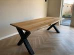 Boomstam tafel eikenhout met x poten, Eikenhout, 200 cm of meer, Ophalen of Verzenden, Vijf personen of meer