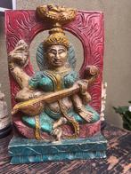 Houtsnijwerk Saraswati Hindoe godin beeld handwerk India, Verburgt Vintage, Gebruikt, Ophalen of Verzenden, https://verburgtvintage.nl/#contact