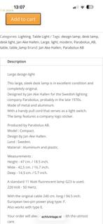 Set van 2 Zweedse design bureaulampen - Jan Ake Hallen, Ophalen, Zo goed als nieuw, Metaal, Minder dan 50 cm