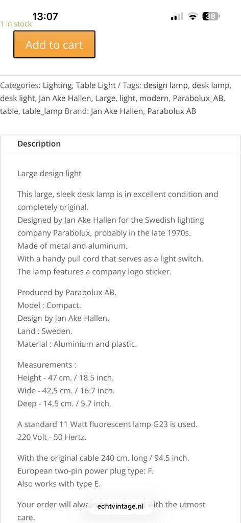 Set van 2 Zweedse design bureaulampen - Jan Ake Hallen, Huis en Inrichting, Lampen | Tafellampen, Zo goed als nieuw, Minder dan 50 cm