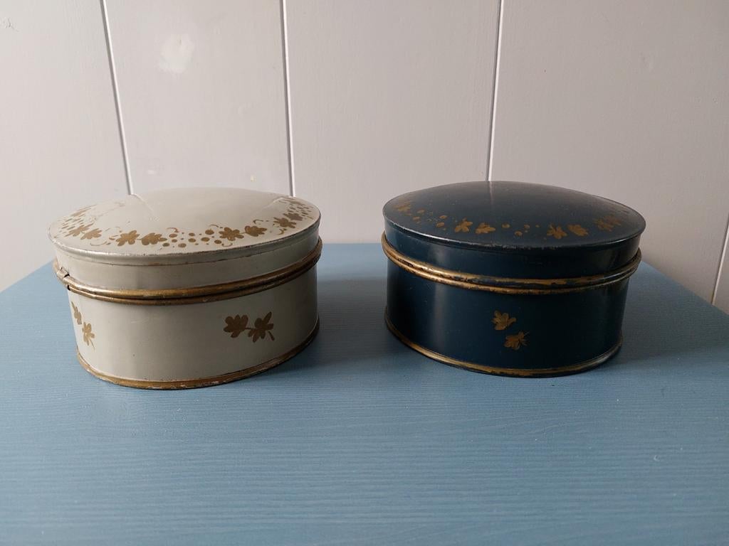 Antieke toleware doos trommel blauw grijs, Ophalen of Verzenden