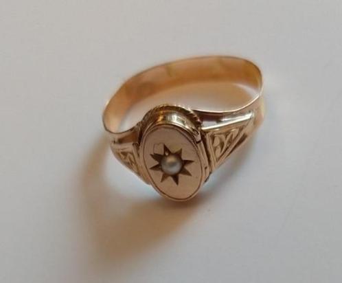 Antieke gouden 14 K rouw ring met doosje, gezet met een zaad, Sieraden, Tassen en Uiterlijk, Antieke sieraden, Ring, Goud, Met edelsteen