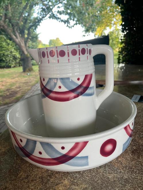 Antieke Waterkan en Waskan Set - Blauw & Rood Decoratie Kera, Antiek en Kunst, Antiek | Keramiek en Aardewerk, Ophalen of Verzenden