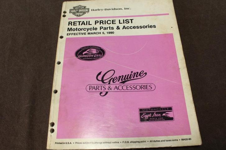 Harley Davidson 1990 retail price list motorcycle parts, Motoren, Handleidingen en Instructieboekjes, Harley-Davidson of Buell