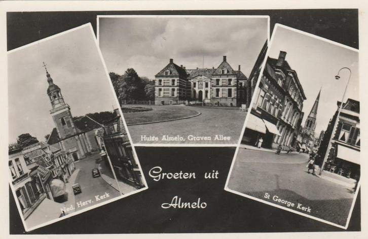 ALMELO Kerk Kasteel St George Groeten 1956, Verzamelen, Ansichtkaarten | Nederland, Gelopen, Overijssel, 1940 tot 1960, Verzenden