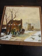 Wandtegel met  winterlandschap met molens 15x15cm, Antiek en Kunst, Kunst | Schilderijen | Klassiek, Ophalen of Verzenden