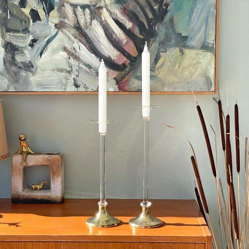 XL hoge glas/messing KANDELAREN vintage Mid Century brocante, Huis en Inrichting, Woonaccessoires | Kandelaars en Kaarsen, Gebruikt