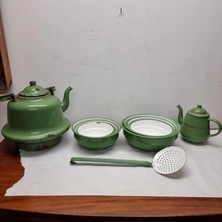 Groene Emaille Keuken Set - Vintage, Antiek en Kunst, Antiek | Emaille, Ophalen of Verzenden