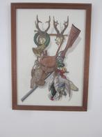Geborduurd schilderij Jachttafereel eiken lijst ontspiegeld, Minder dan 50 cm, Oorspronkelijke maker, Ophalen of Verzenden, Zo goed als nieuw