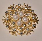 Gouden Snowflake Broche met Parels en Strass, Sieraden, Tassen en Uiterlijk, Broches, Met strass, Overige materialen, 4 tot 7 cm