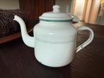 Vintage emalle theepotje wit creme met groen randje en goud, Ophalen of Verzenden