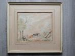 19e eeuw - Landschap met koeien en figuren - A Verhoesen ?, Antiek en Kunst, Ophalen of Verzenden