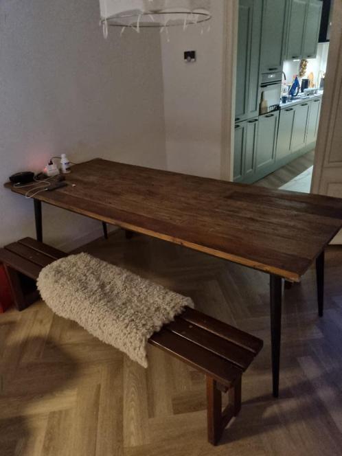 STOERE EETTAFEL -HOUT en Staal, 220 cm lang, Huis en Inrichting, Tafels | Eettafels, Zo goed als nieuw, 50 tot 100 cm, 200 cm of meer