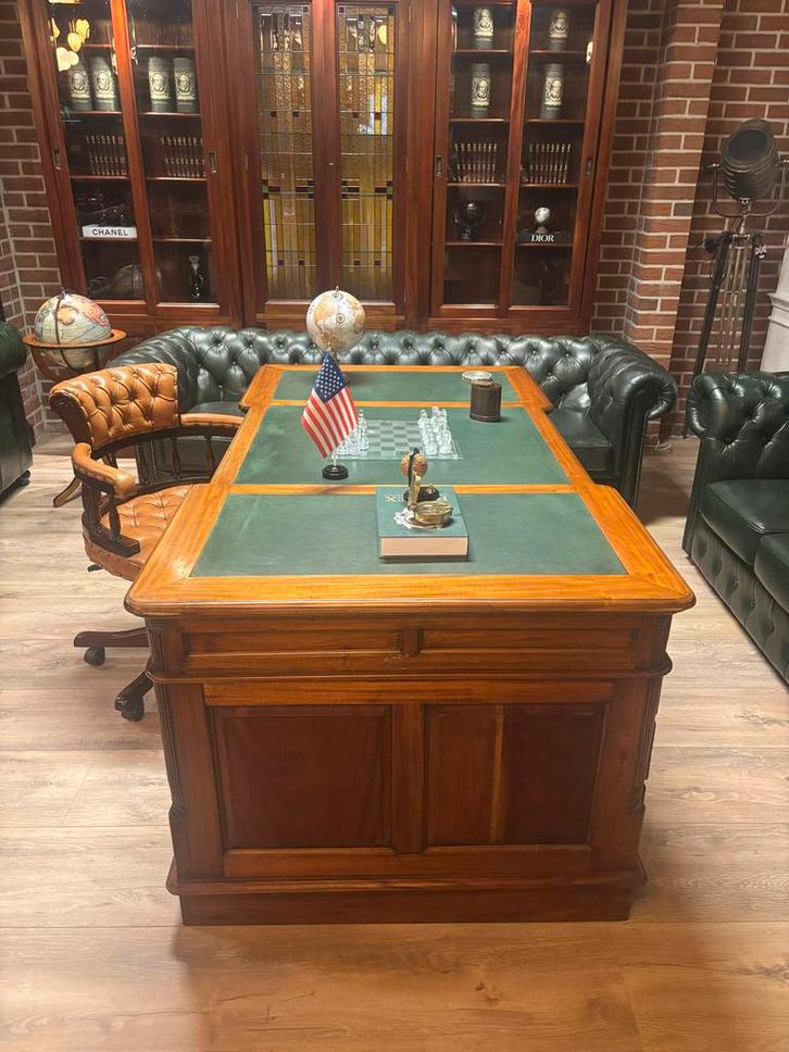 Engelse Partner Desk Bureau Groen Leer Eikenhout 180x100, Antiek en Kunst, Antiek | Kantoor en Zakelijk, Ophalen