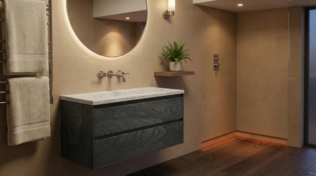 Luxe eiken badmeubelset 100 cm met écht marmeren wastafel, Huis en Inrichting, Badkamer | Badkamermeubels, Nieuw, Wastafelkast