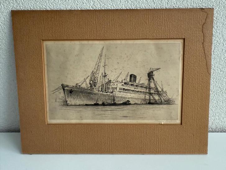 Ets/pentekening Maarten Langbroek passagiersschip Oranje, Antiek en Kunst, Kunst | Etsen en Gravures, Ophalen of Verzenden