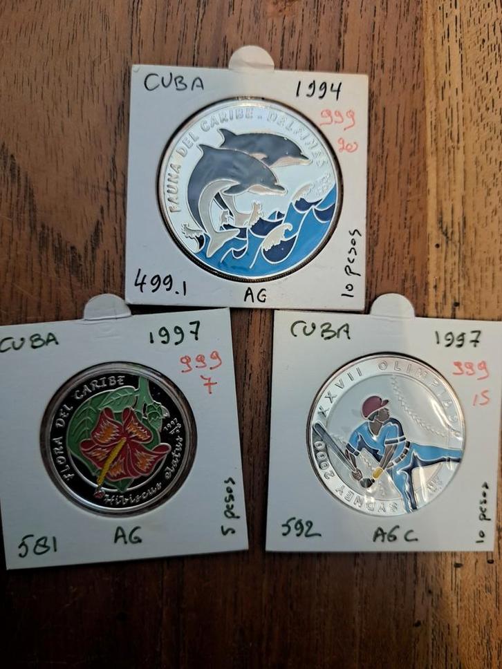 Cuba 3 stuks 999 proof colorized, Postzegels en Munten, Edelmetalen en Baren, Zilver, Ophalen of Verzenden