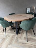 Ronde eikenhouten tafel met stalen poot, Ophalen, Gebruikt, 100 tot 150 cm, Vijf personen of meer