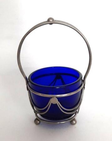 Art deco suikerbakje met kobalt blauw glazen inzet beschikbaar voor biedingen