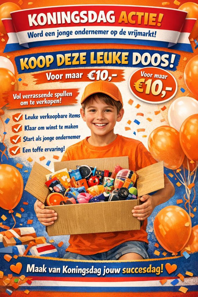 Koningsdag Actie – Jonge Verkoper Doos €10,-, Diversen, Rommelmarktspullen, Gebruikt, Ophalen of Verzenden