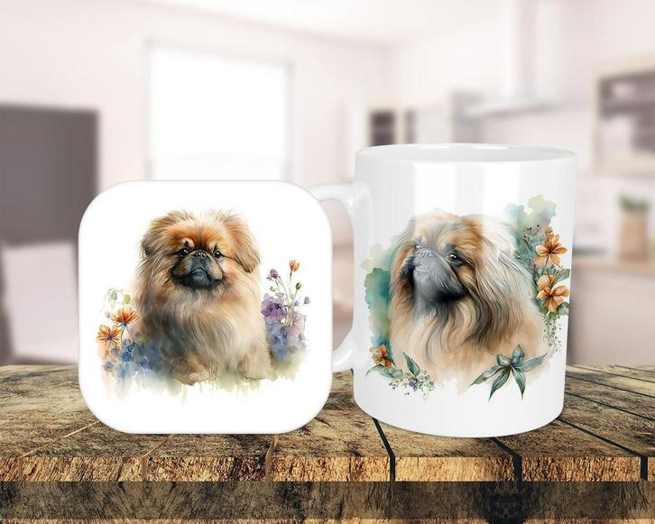 Pekinees Aquarel set onderzetter + mok, Huis en Inrichting, Keuken | Servies, Nieuw, Kop(pen) en/of Schotel(s), Overige stijlen