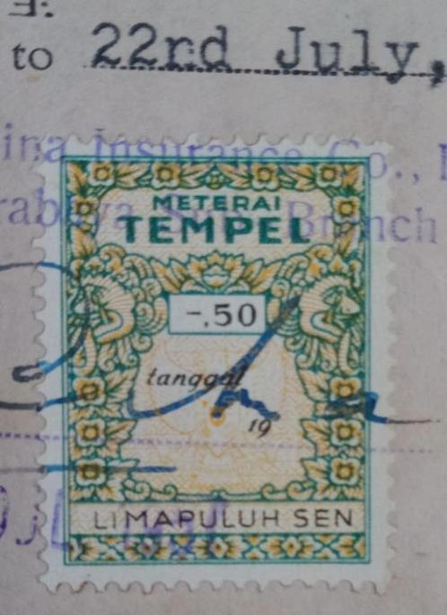 Indonesie 1957 Plakzegel 50 sen op kwitantie China Insurance, Postzegels en Munten, Postzegels | Azië, Gestempeld, Zuidoost-Azië