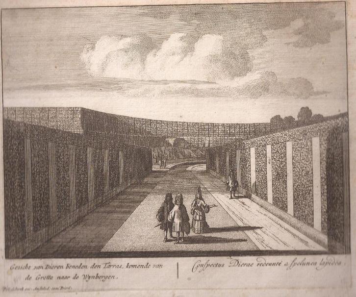 Gezicht van Dieren beneden den Tarras, 1720, Antiek en Kunst, Kunst | Etsen en Gravures, Ophalen of Verzenden
