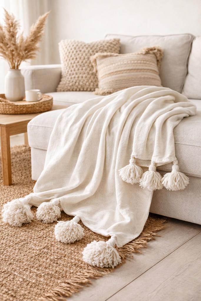 PomPom Plaid Wit 100x150cm - Katoen Marrakech, Ophalen of Verzenden, Nieuw