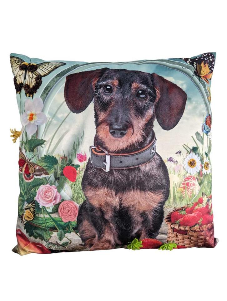 Kussen uitverkoop: FLEURY teckel, 45x45cm, € 37,50 nu €25, Huis en Inrichting, Woonaccessoires | Kussens, Nieuw, Blauw, Vierkant