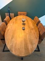 Mango houten eettafel met 6 cognac microvezel stoelen, Ophalen, Bruin, Zo goed als nieuw, Vijf, Zes of meer stoelen