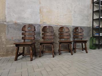 Set 4 Brutalistische Eetkamer Stoelen Jaren 80 Massief Eiken beschikbaar voor biedingen