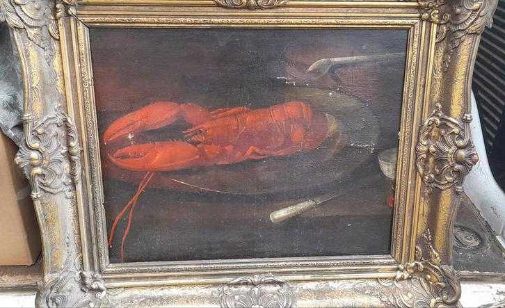 Oud schilderij stilleven. Kreeft op een schaal., Antiek en Kunst, Kunst | Schilderijen | Klassiek, Ophalen of Verzenden