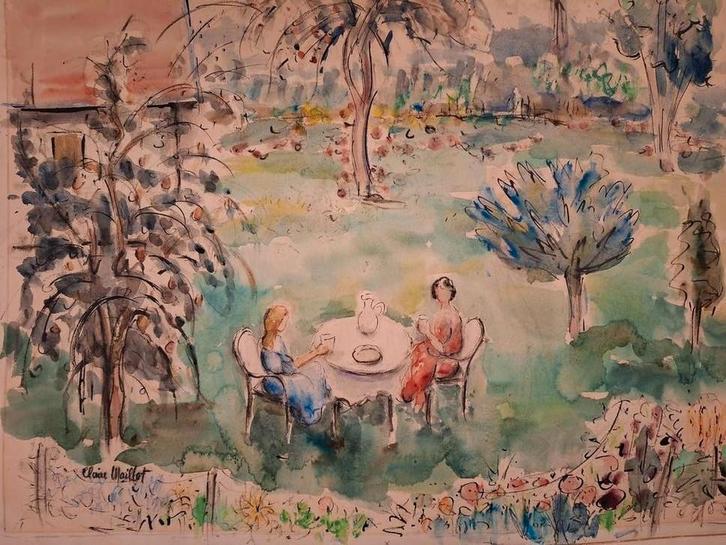 Schilderij: Dames aan tafel, Antiek en Kunst, Kunst | Tekeningen en Foto's, Ophalen of Verzenden