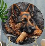 Vintage rond metalen bord Duitse Herder rustend (20cm), Ophalen of Verzenden, Nieuw